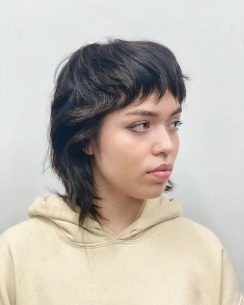 Dark Mullet Shag with Tapered Fringe