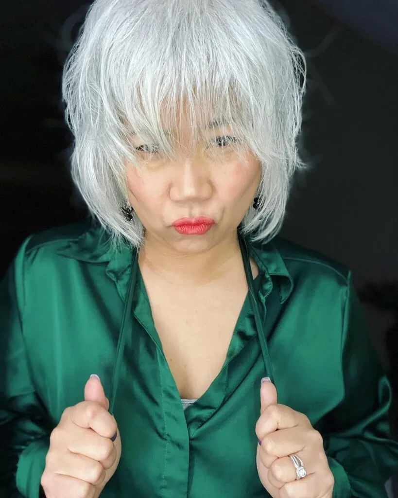 Icy Silver Shag with Long Piecey Bangs Icy Silver Shag with Long Piecey Bangs