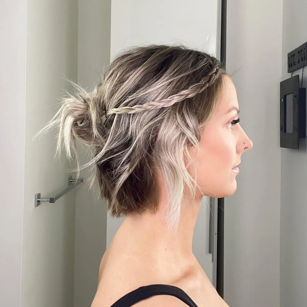 Textured Bob with Mini Braid and Messy Bun