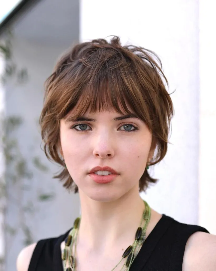Tousled Brown Shag with Soft Micro Bangs Tousled Brown Shag with Soft Micro Bangs