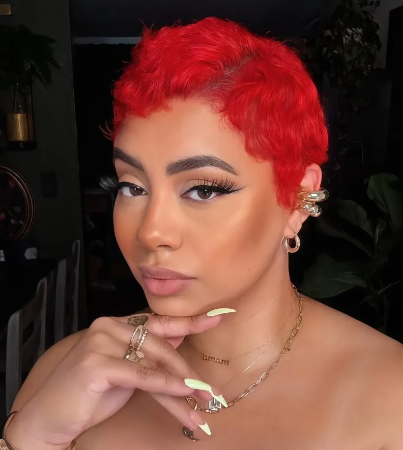 Bold Red Pixie with Curly Texture