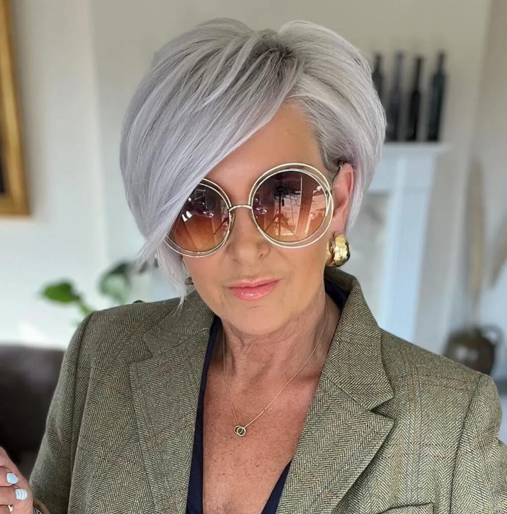 Dramatic Silver Stacked Bob with Deep Side Part