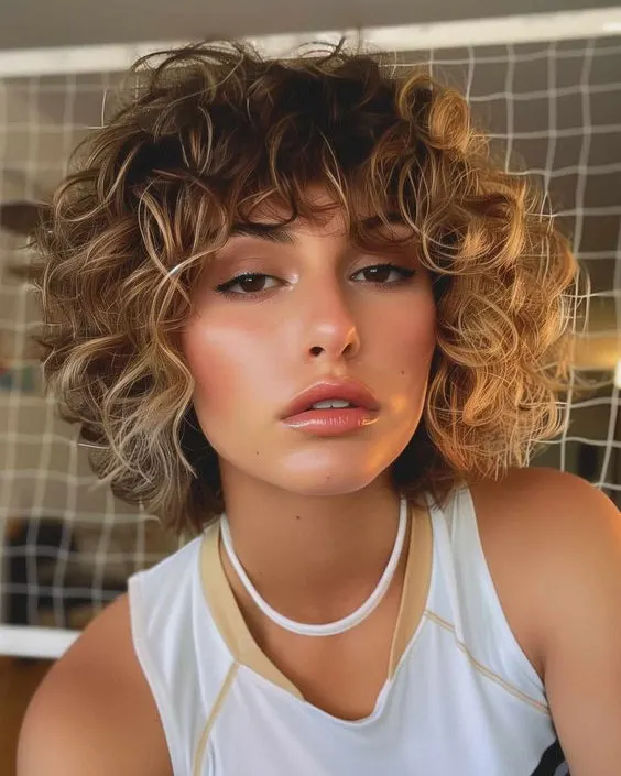 Blended Blonde Curly Bob with Bangs Blended Blonde Curly Bob with Bangs