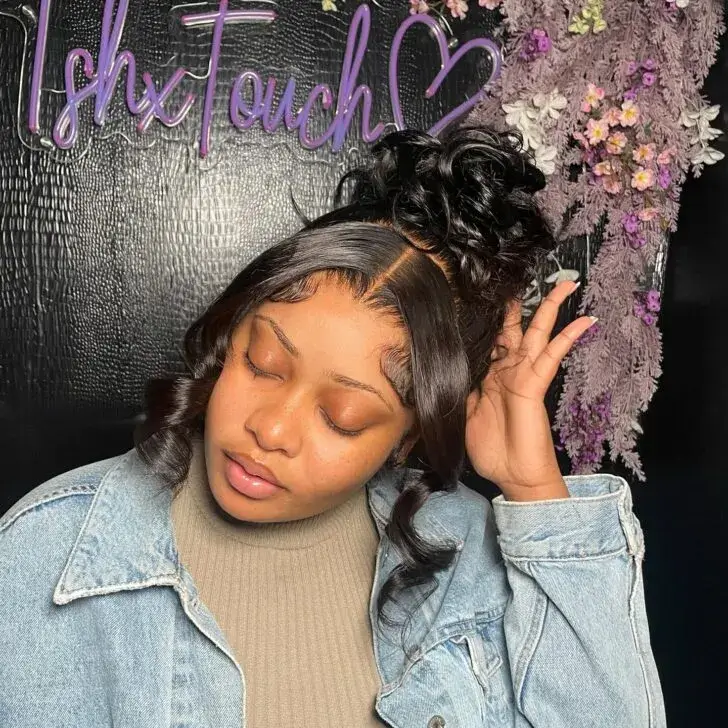 High Textured Bun with Sleek Edges and Curls High Textured Bun with Sleek Edges and Curls