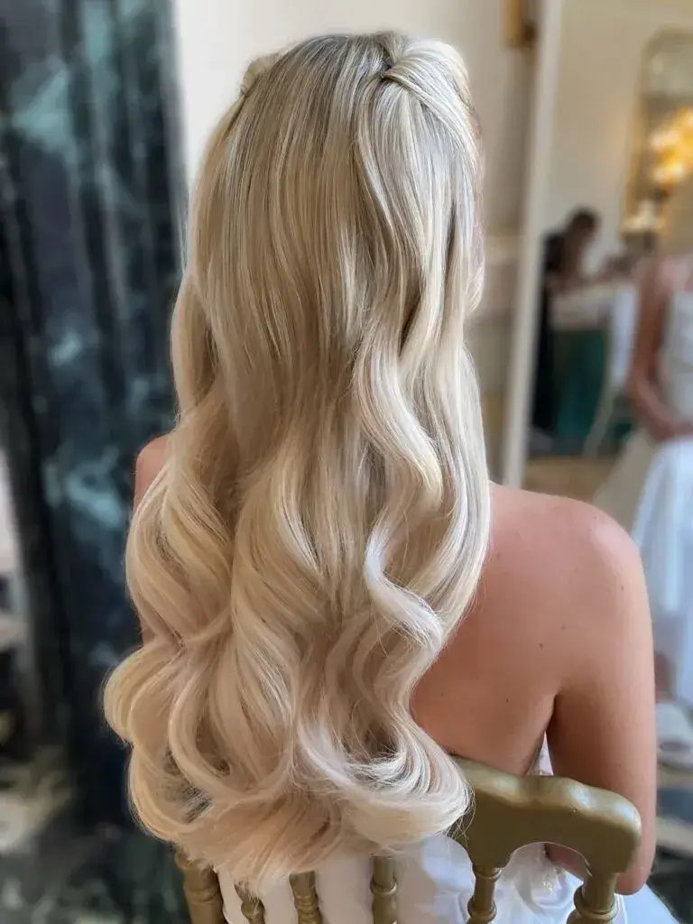 Romantic Half Up Half Down with Flowing Hollywood Waves