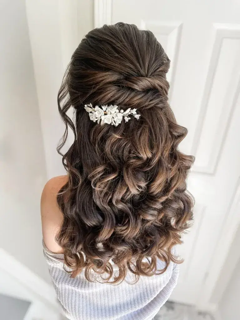 Romantic Half Up Half Down with Floral Hairpiece