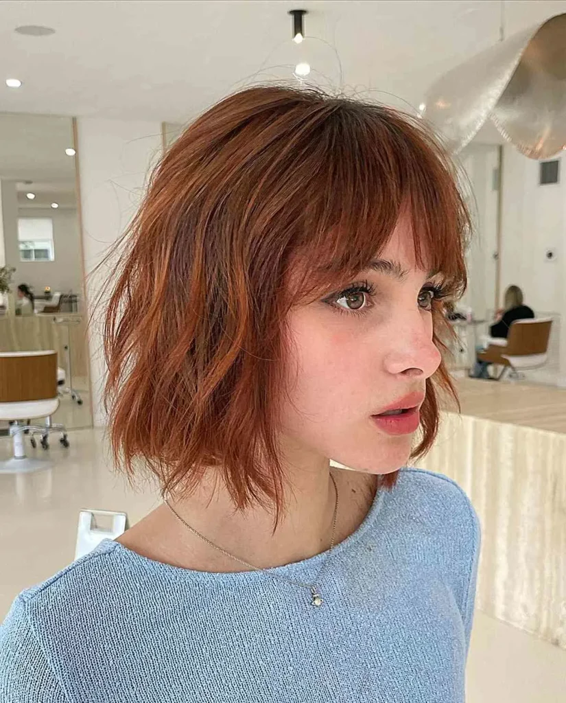 Textured Copper Bob with Soft Bangs Textured Copper Bob with Soft Bangs