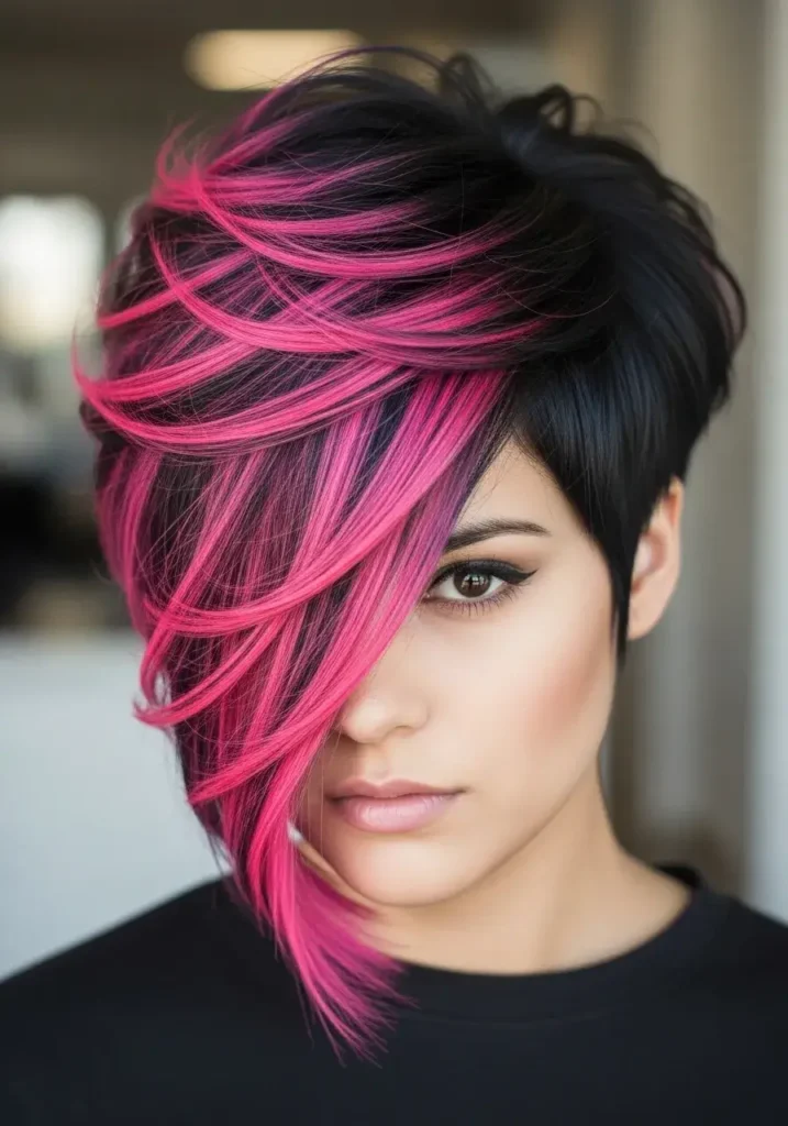 Edgy Two-Tone Stacked Bob with Pink and Black Layers Haircuts
