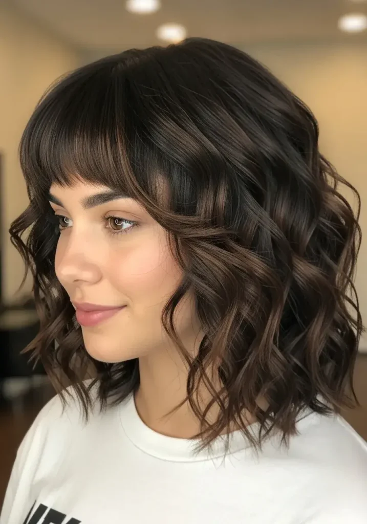 Layered Curly Bob with Textured Bangs Haircut