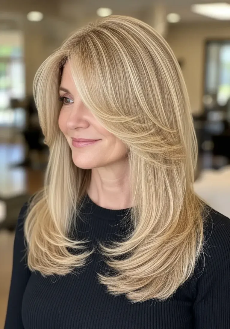Long Straight Blonde Hair with Layers Hairstyles for Women Over 50