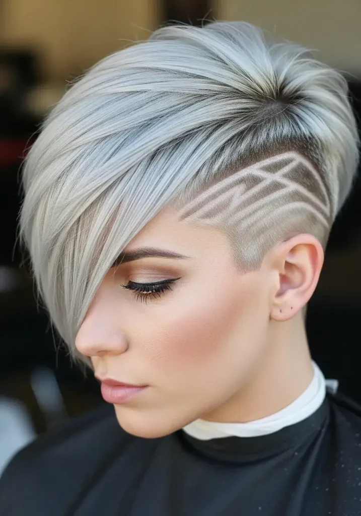 Sculpted Pixie with Side-Swept Bangs and Line Design Haircut