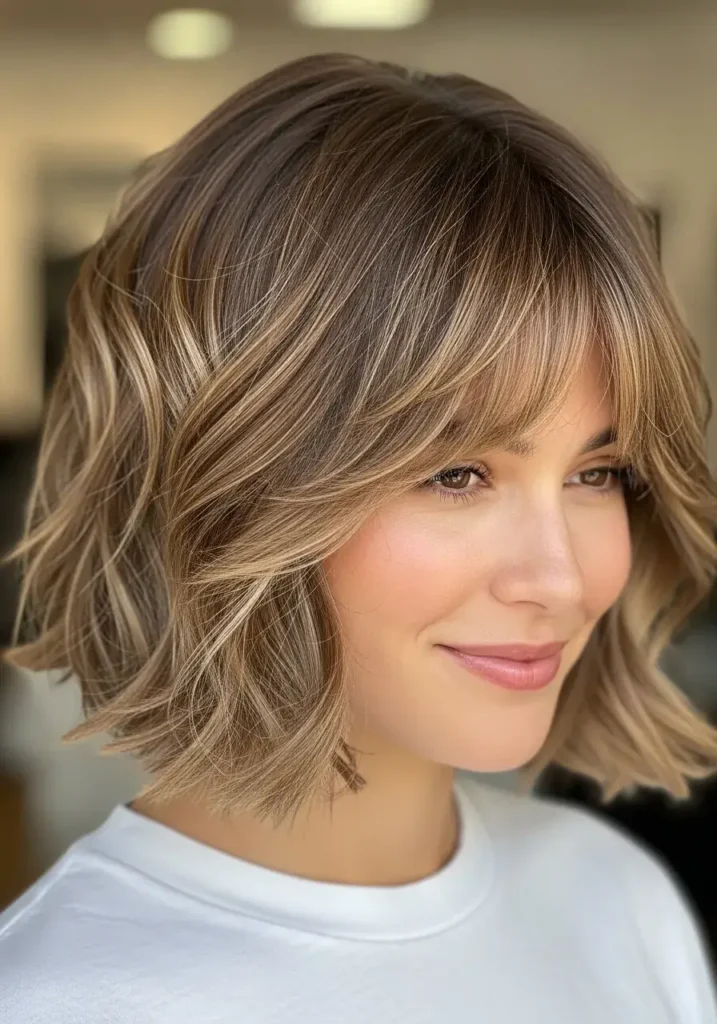Short Wavy Layered Bob with Feathered Bangs Haircut