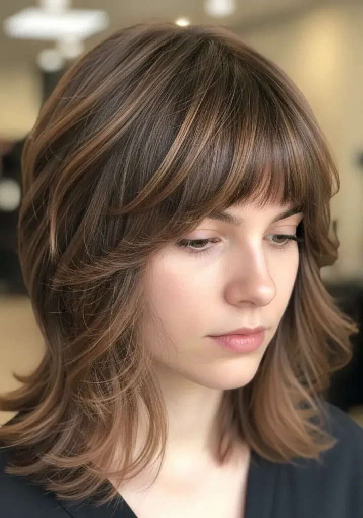 Soft Brunette Octopus Cut with Wispy Bangs  Haircut