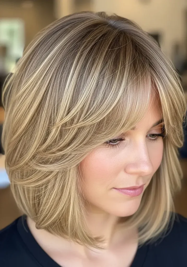 Textured Honey Blonde Layered Bob with Soft Bangs Haircut