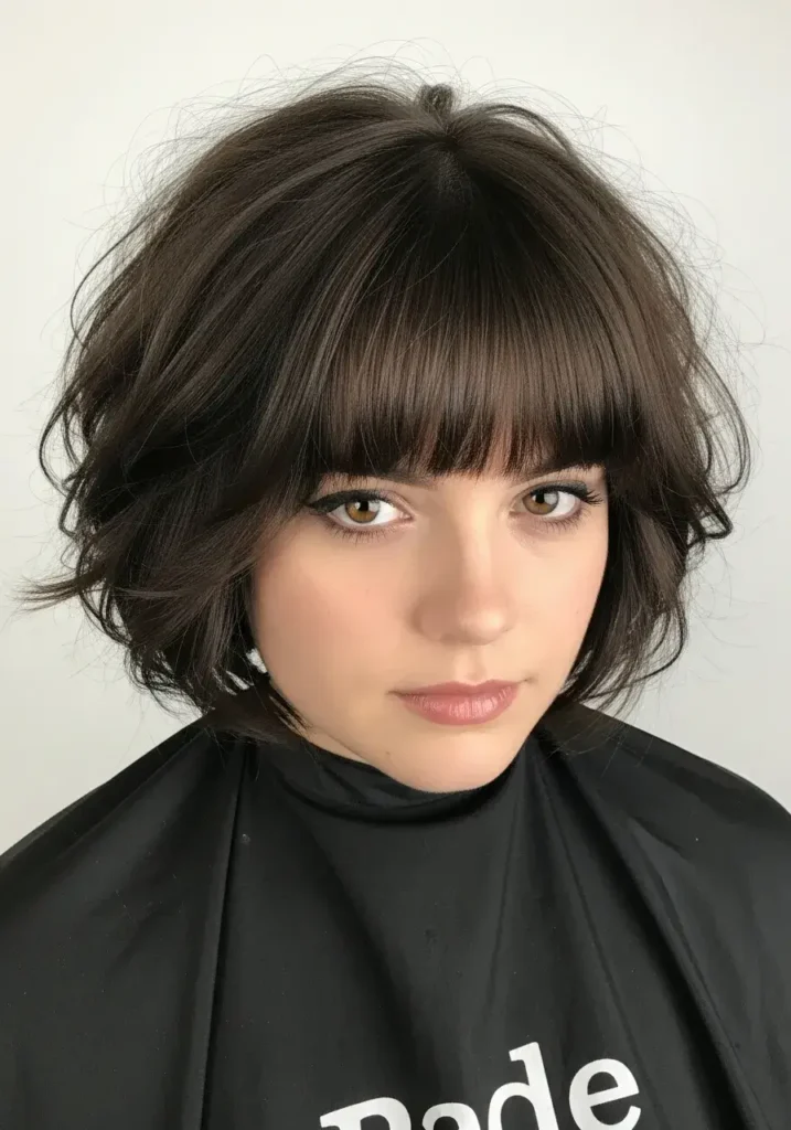 Voluminous Chocolate Octopus Cut with Curtain Bangs Haircut