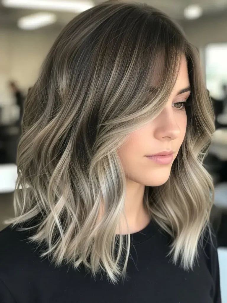 Ash Brown Wavy Lob with Blended Ends Hair Color