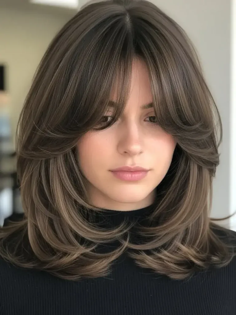 Ash Brown Layered Cut with Curtain Fringe Hair Color