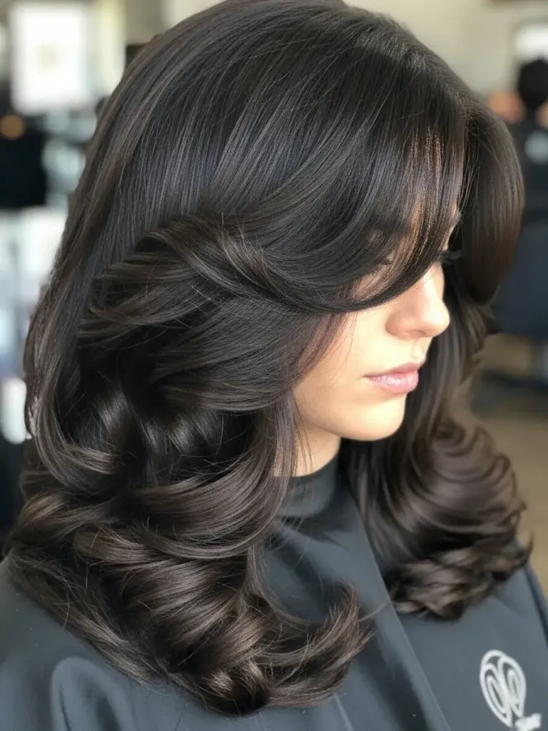 Voluminous Spiral Layers in Dark Espresso Haircuts