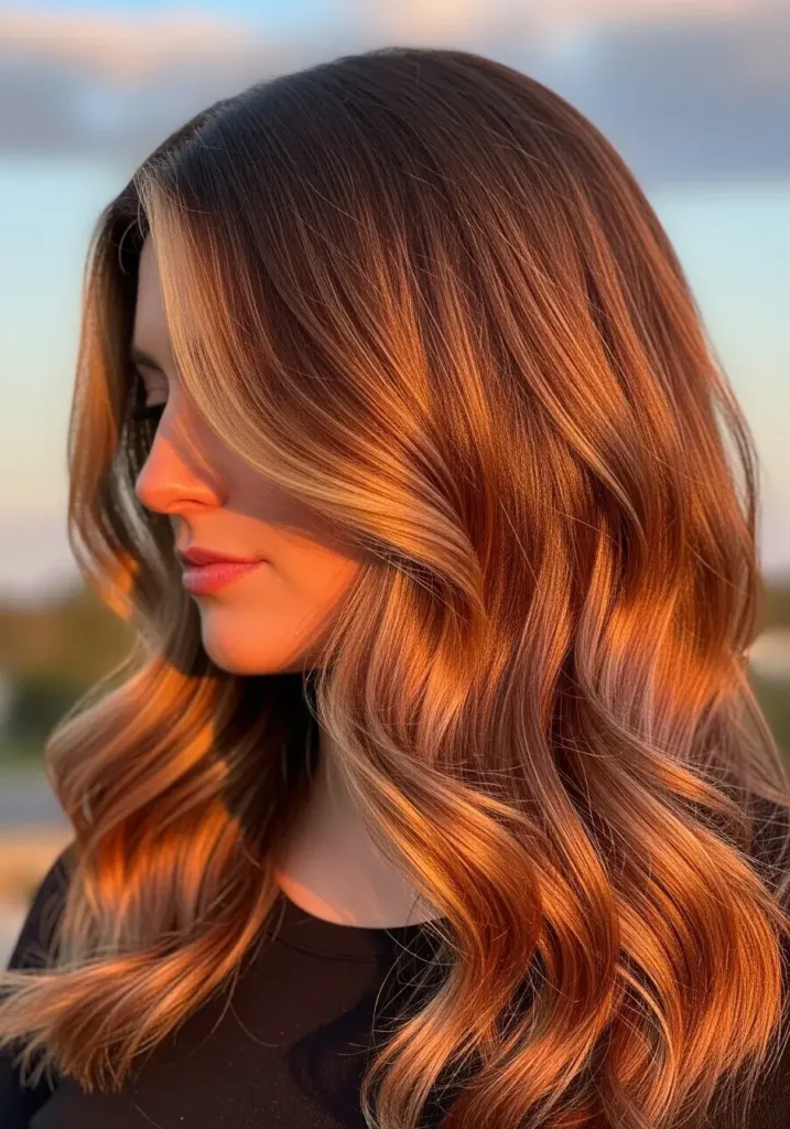 Glossy Chocolate Waves with Sunset Warmth Hair Color Glossy Chocolate Waves with Sunset Warmth Hair Color