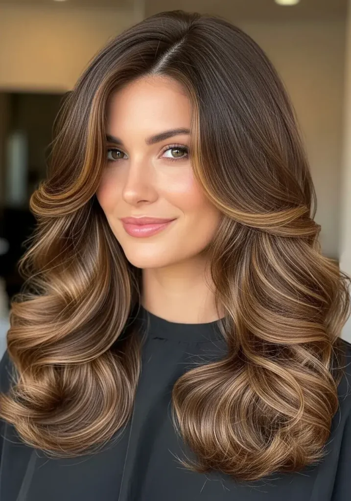 High Gloss Brunette with Loose Hollywood Curls Hair Color