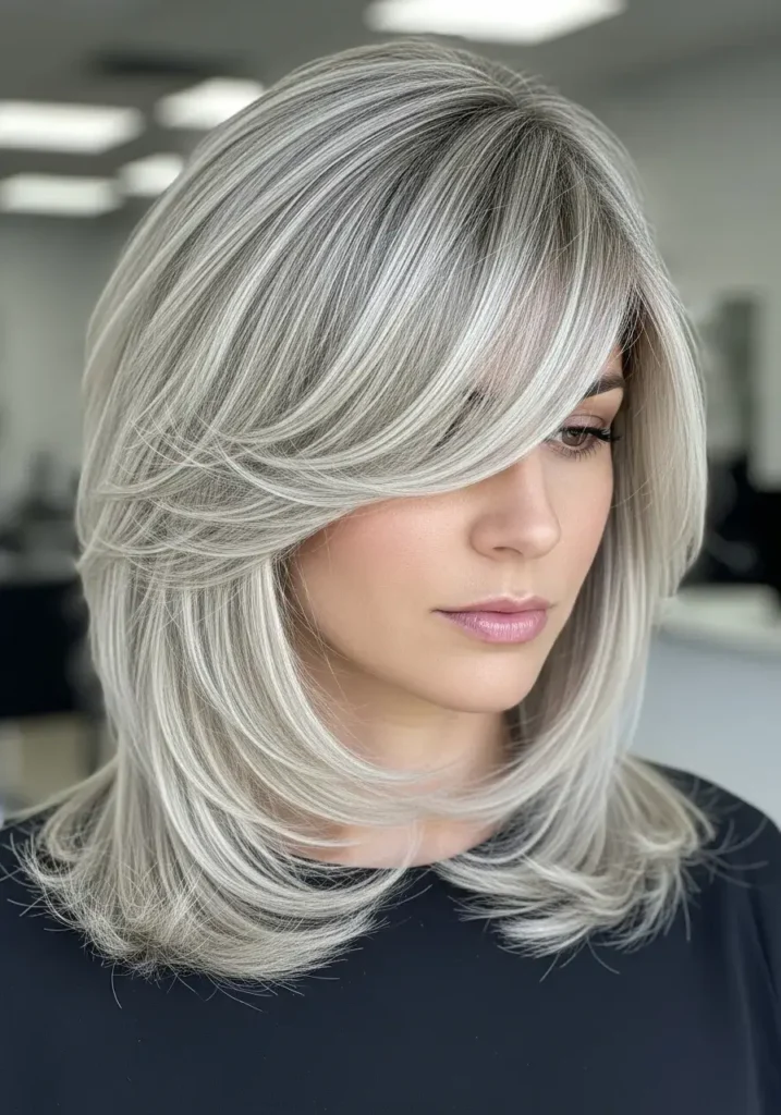Ice Blonde Luxe Layers Swept Fringe Hair Color Ice Blonde Luxe Layers Swept Fringe Hair Color