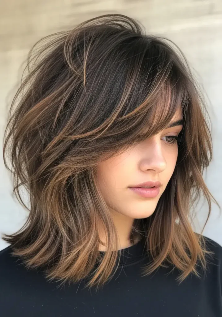 Tousled Brunette Choppy Lob Medium-Length Haircut Tousled Brunette Choppy Lob Medium-Length Haircut