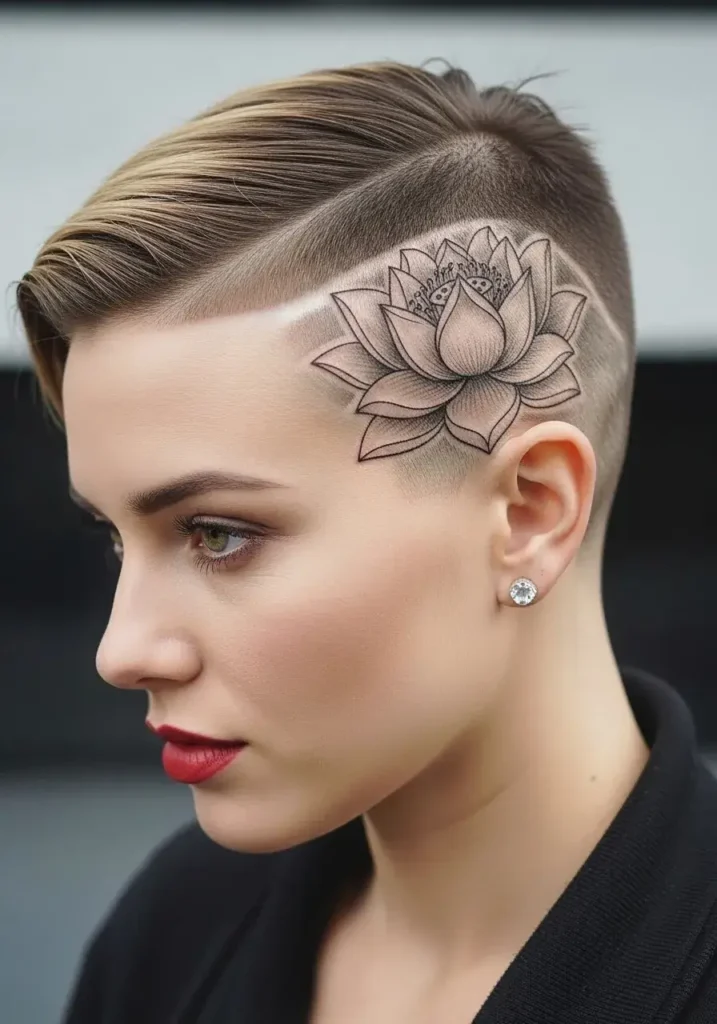 Buzz Cut with Lotus-Inspired Hair Tattoo