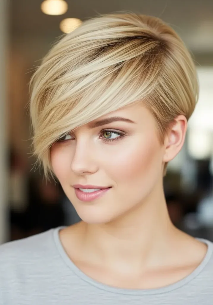 Short Blonde Pixie with Side Sweep Haircut