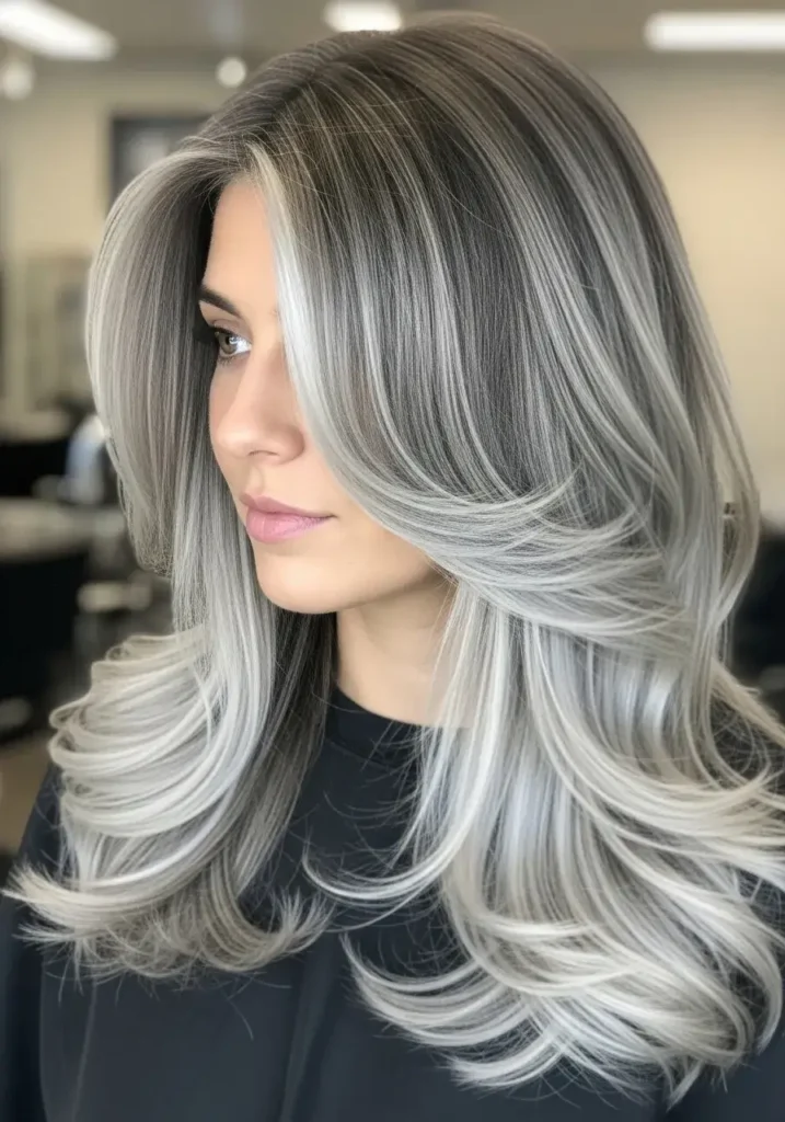 Dimensional Silver Highlights with Blowout HairColor Dimensional Silver Highlights with Blowout HairColor