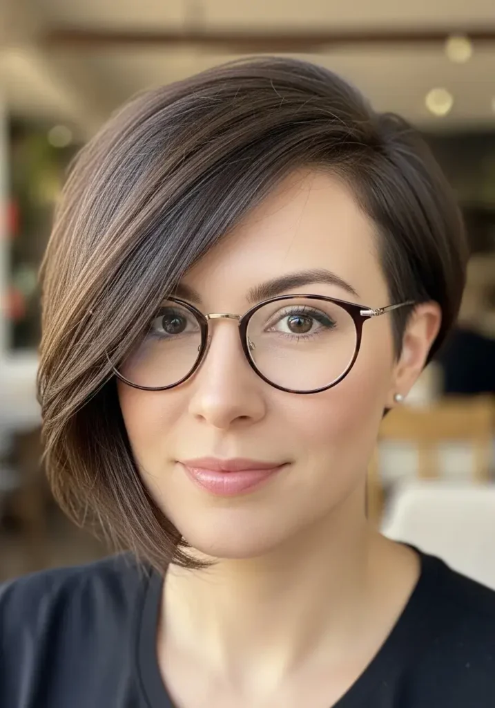 Side-Swept Pixie Haircut for Women with Glasses