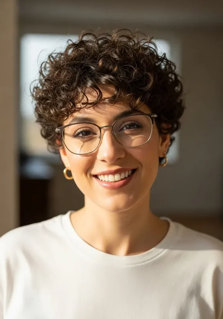 Curly Pixie Haircut for Women with Glasses