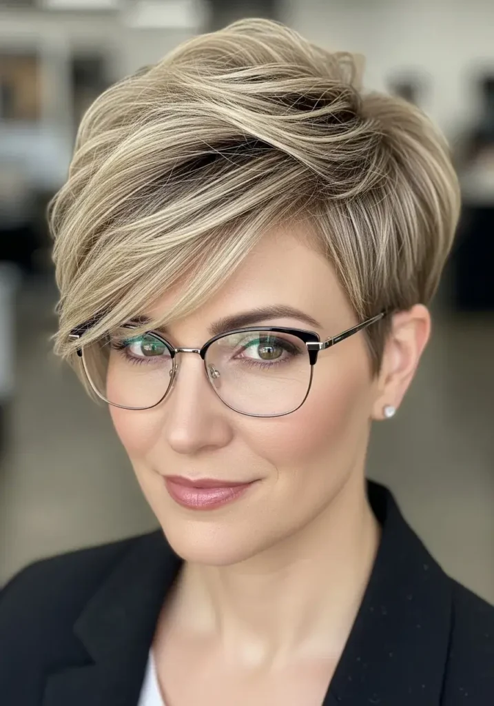 Short Pixie with Volume on Top Haircut for Women with Glasses