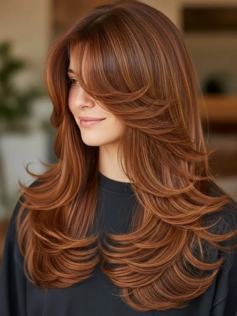 Long Cascading Layers in Warm Chestnut  Haircuts