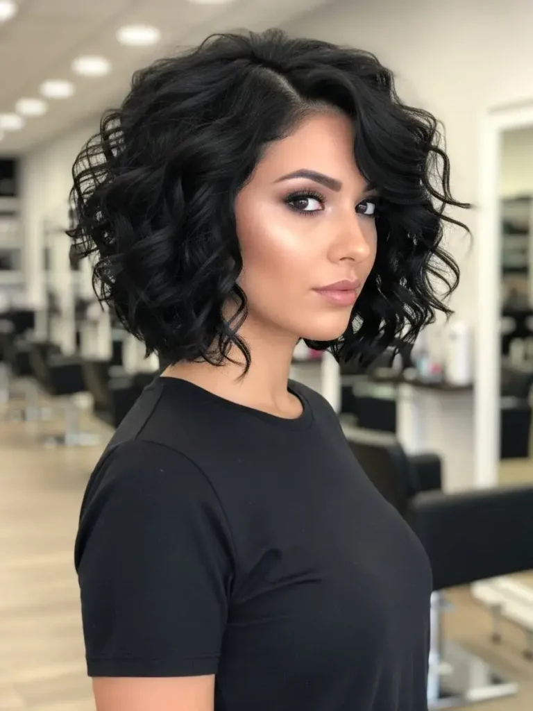 Tapered Curly Bob in Jet Black Haircuts