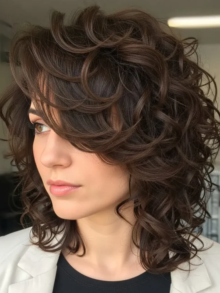 Curly Shag with Feathered Layers in Dark Mocha Haircuts