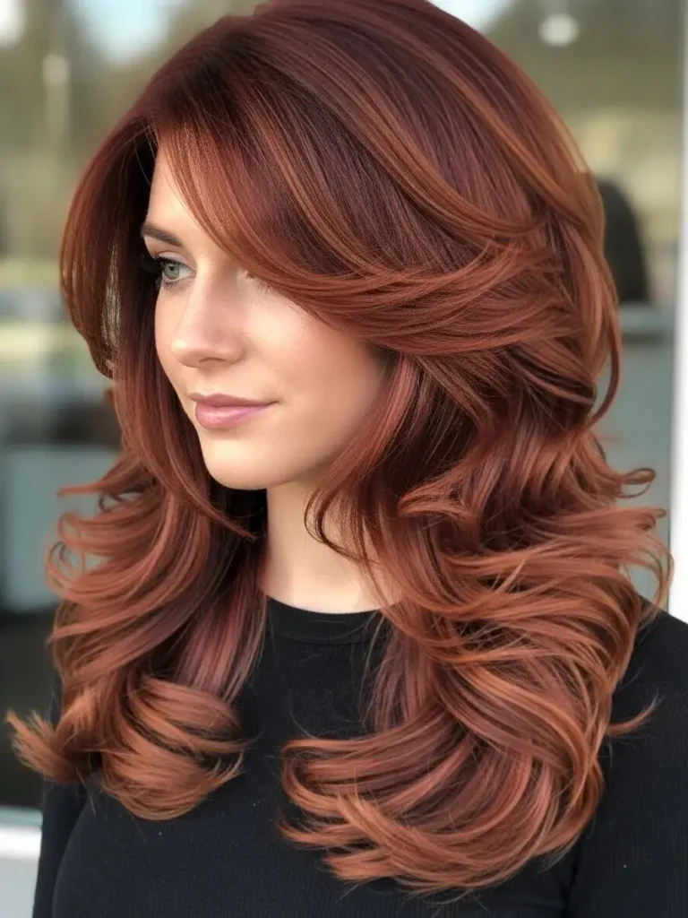 Defined Corkscrew Layers in Rich Auburn Haircuts