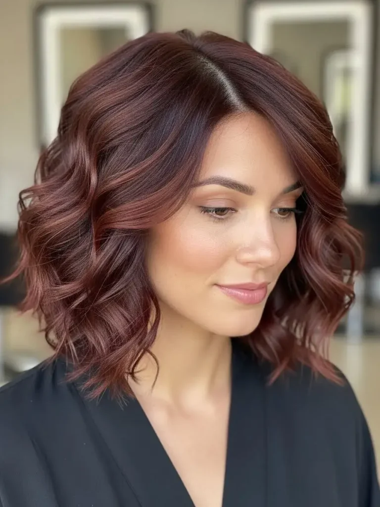 Angled Curly Lob in Mahogany Brown Haircuts