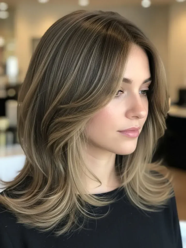Muted Ash Brown Mid-Length Layers Hair Color