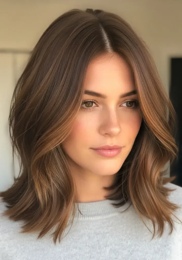 Soft Cinnamon Lob with Subtle Waves Hair Color Soft Cinnamon Lob with Subtle Waves Hair Color