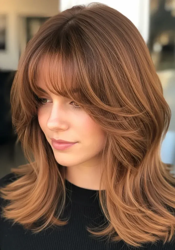 Cinnamon Layers with Wispy Bangs Hair Color Cinnamon Layers with Wispy Bangs Hair Color