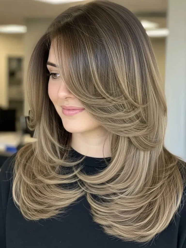 Ash Brown Long Layers with Gloss Finish Hair Color