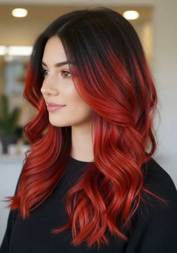 Black Hair with Red Winter Tones Haircolor