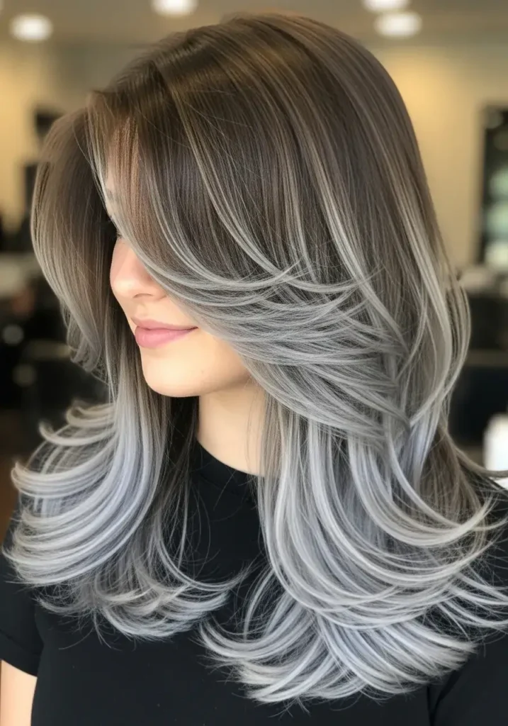 Brown Layered Cut with Melted Silver Ends Haircolor