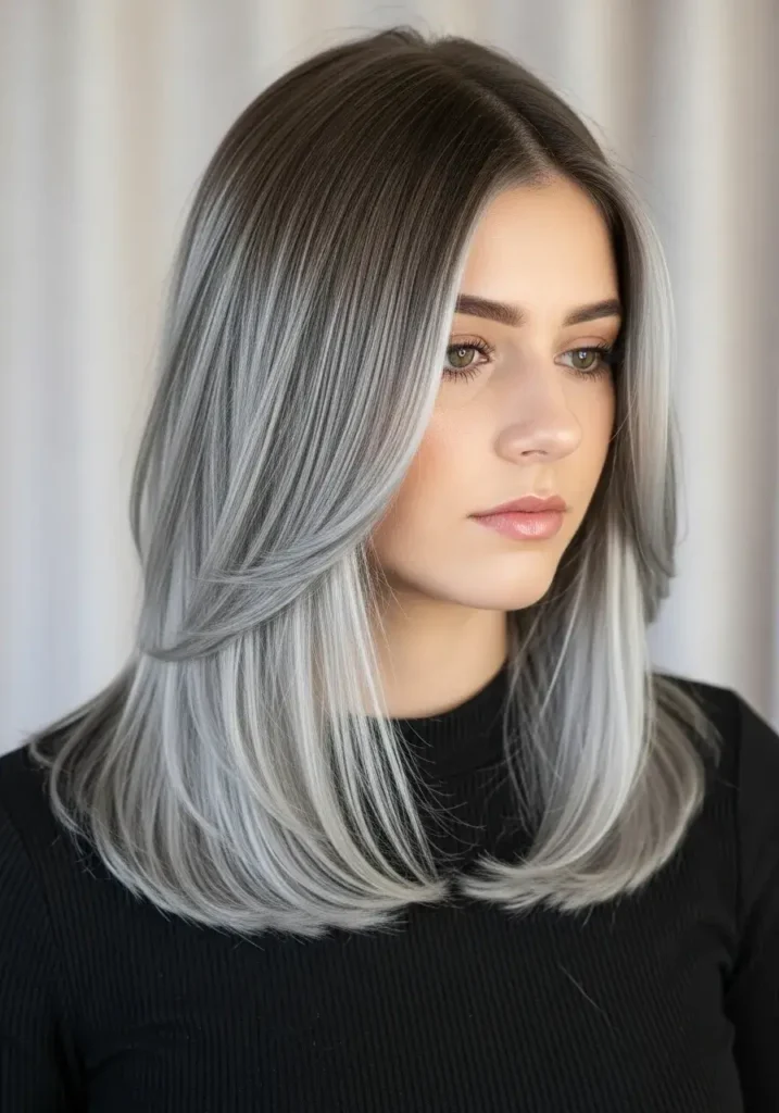 Brown Straight Hair with Silver Underlights Haircolor