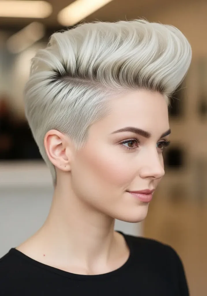 Buzzed Sides with Voluminous Quiff Pixie Cut Shaved Sides