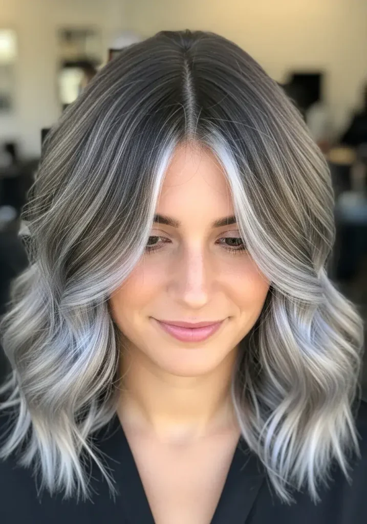 Chestnut Brown Hair with Silver Feathered Highlights Haircolor