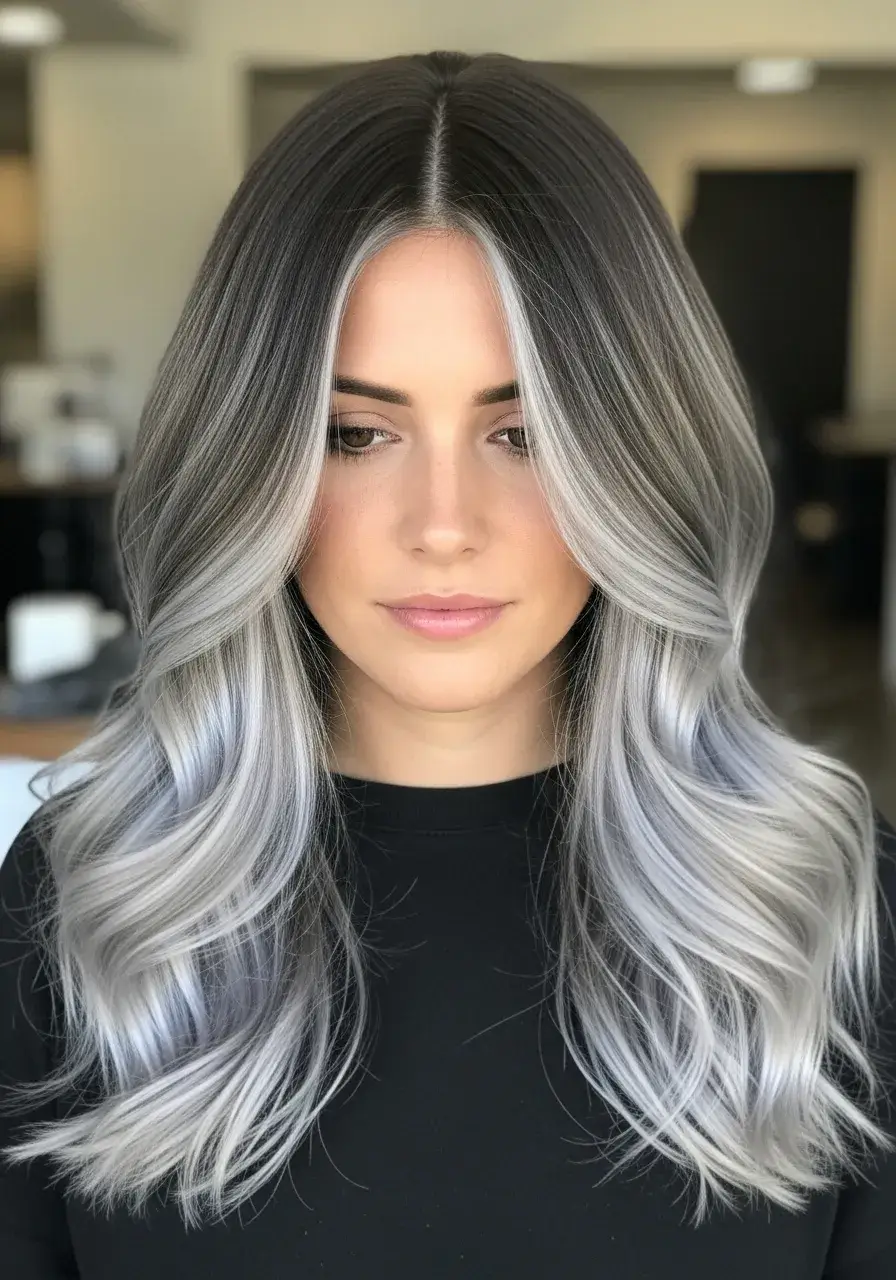Chocolate Brown Hair with Seamless Silver Balayage Haircolor