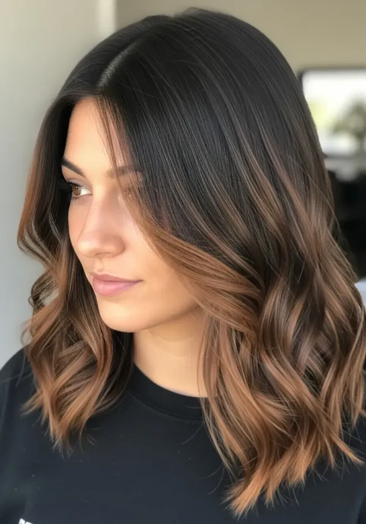 Cinnamon Brown Highlights on Black Medium-Length Haircolor