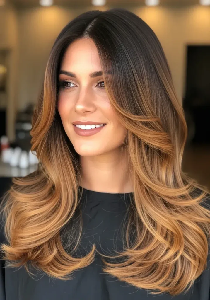 Classic Dark Caramel Balayage on Long Layers Dark Caramel Balayage Hair Color