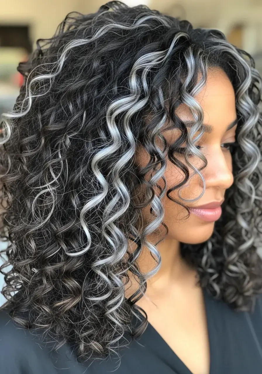 Dark Brown Curls with Silver Accent Streaks Haircolor
